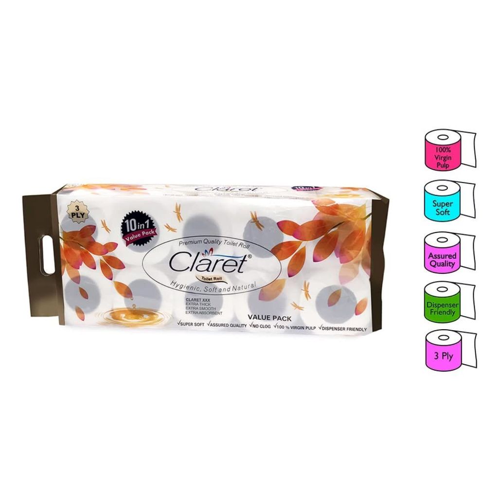 Claret Gold 10-in-1 Toilet Paper, 10 Rolls in 1 Packet, Super Soft, Extra Absorbent, OBA Free, 3 Ply Toilet Roll for Superior Comfort view 2