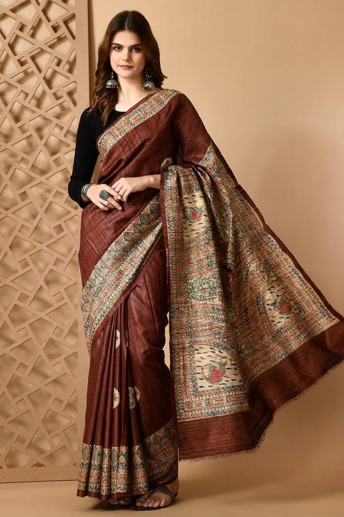 Pure Handloom Tussar Gicha Silk Saree – Madhubani Hand Painted | Silk Mark Certified | 6.5 m with Blouse