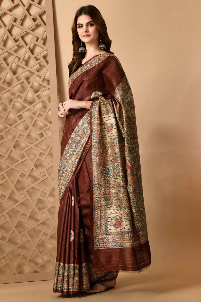 Pure Handloom Tussar Gicha Silk Saree – Madhubani Hand Painted | Silk Mark Certified | 6.5 m with Blouse view 2