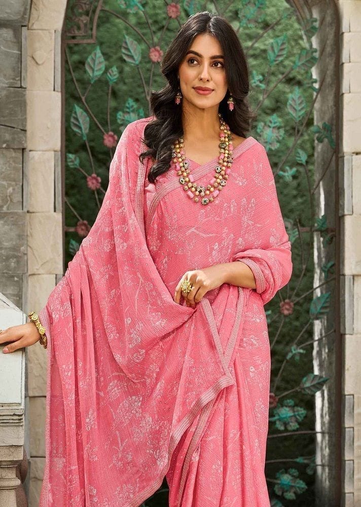 Pink Color Stone Work Silk Chiffon Printed Saree With Fancy Border And Fancy Blouse Piece view 2