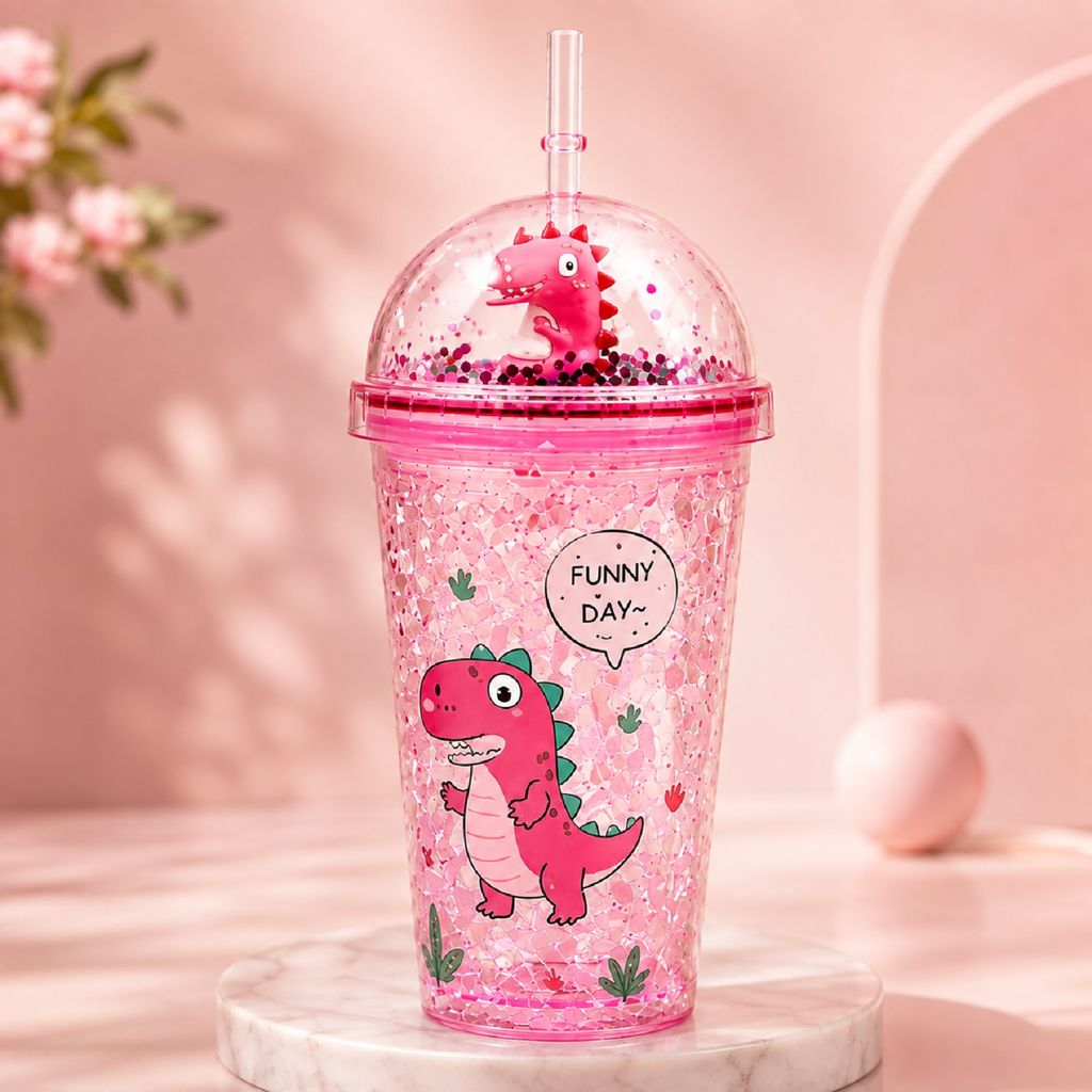 KTRS Enterprise 450ML Kids Glitter Tumbler with Straw & Dome Lid | Blue Dinosaur Reusable Sipper Cup | BPA Free Double Wall Ice Crystal Cup | Leakproof Drinking Bottle for Boys & Girls | School view 2