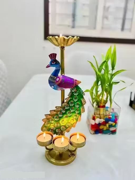 Handcrafted Metal Peacock Candle Holder Home Temple Decor for Dewali Decoration Diwali Gift Pooja Room Decor view 2