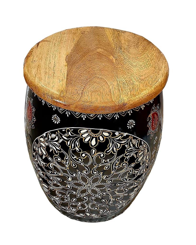 Wood To Cart® Hand Painted Beautiful Sitting Iron Stool | Home Decor | Table Decor | Floor Decor | Decoration (Flower Multicolor) view 2