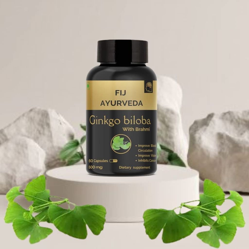 FIJ AYURVEDA Ginkgo Biloba with Bramhi Extract Supports Memory & Focus for Men & Women - 500mg 60 Capsules view 2