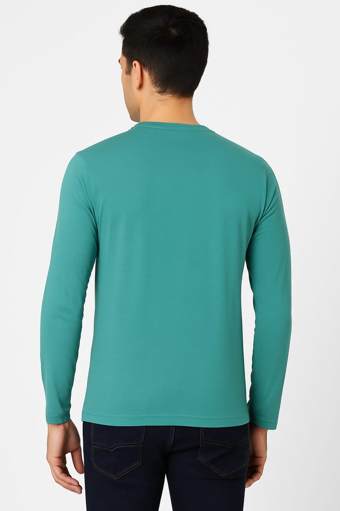 Men’s Sea Green Full Sleeve Cotton Blend T-Shirt with Abstract Graphic Print | Stylish Casual Wear view 2