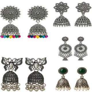 Oxidised Silver Jhumka Earrings Combo - Ethnic Boho Style for Women