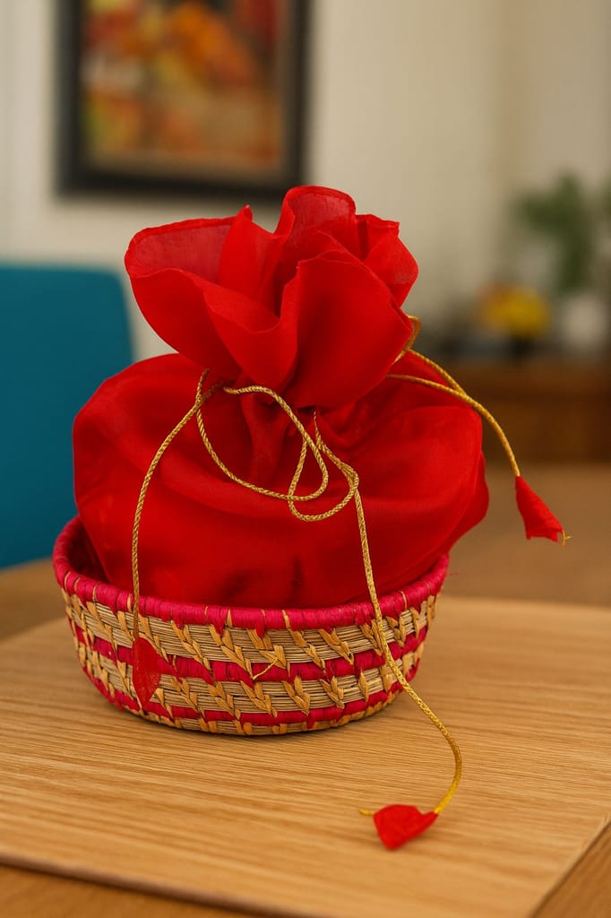 Tiger Grass Designed Gift Basket with Red Fabric Pouch view 2