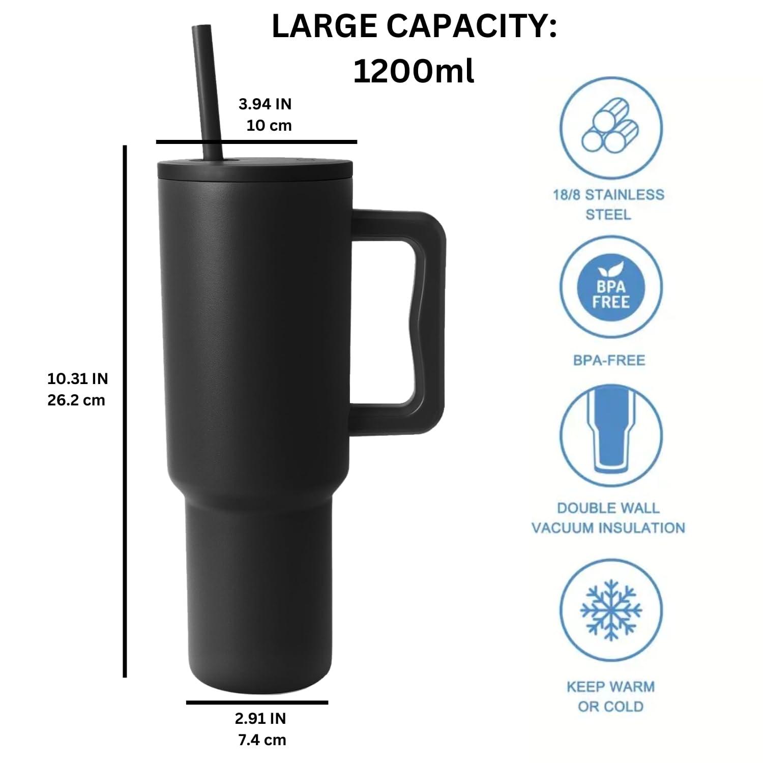 Panchhi Store 1200ML Stainless Steel Tumbler with Straw Hot and Cold Sipper with Handle and Lid Straw Double Insulated Sipper for Hot and Cold Drink Leakproof Tumbler for Gym, Traveling, Car Black view 2