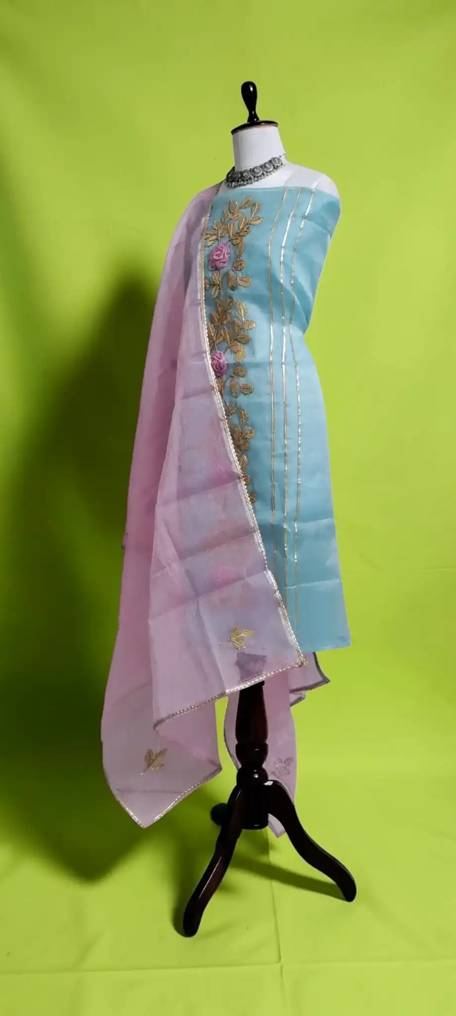 Handwoven Kota Doria Dress Material in Rose with Hand Embroidery view 2