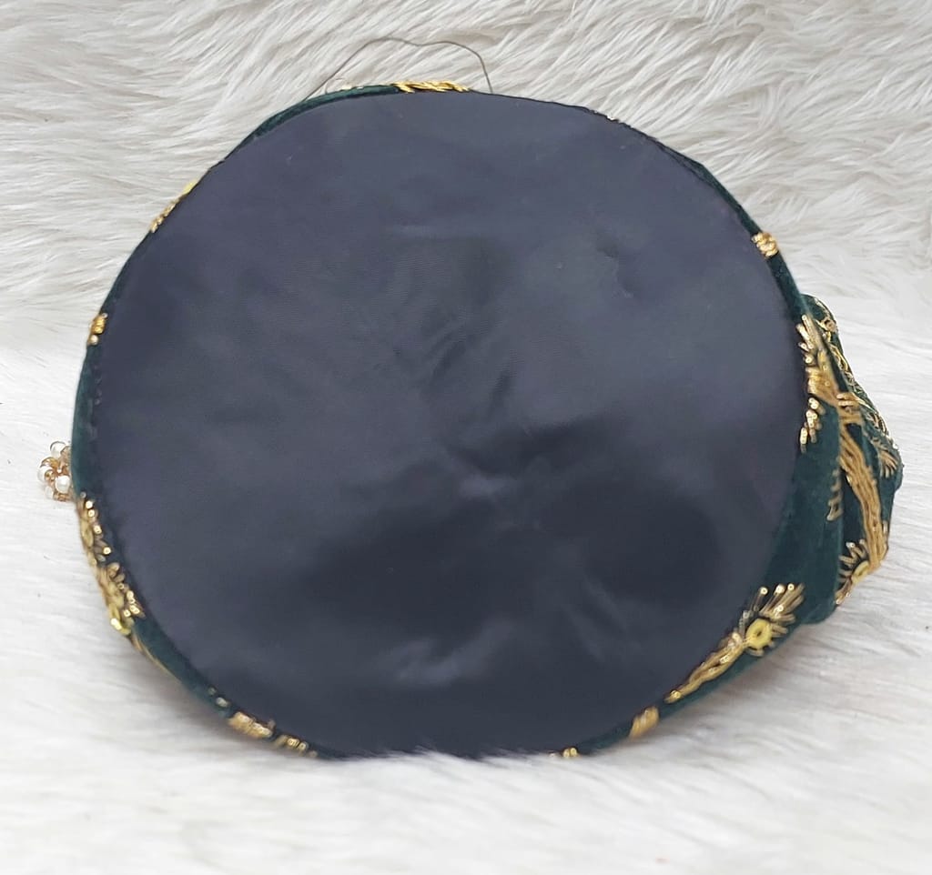 Elegant Dark Green Velvet Potli Bag with Golden Embroidery & Pearl Handle view 2