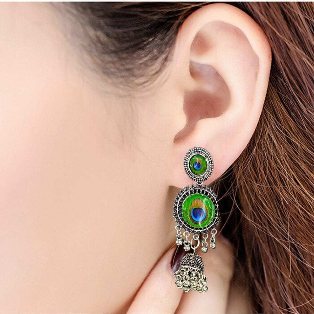 Jewelryklub Oxidised Silver Jhumka Earrings For Girls And Women Peacock Design view 2
