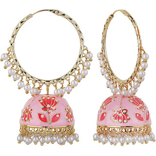 Lotus Jhumki Brass Bali Copper Material Drop Hook Earrings for Women's Fashion Jewelry Earrings Loop Gold Pink view 2