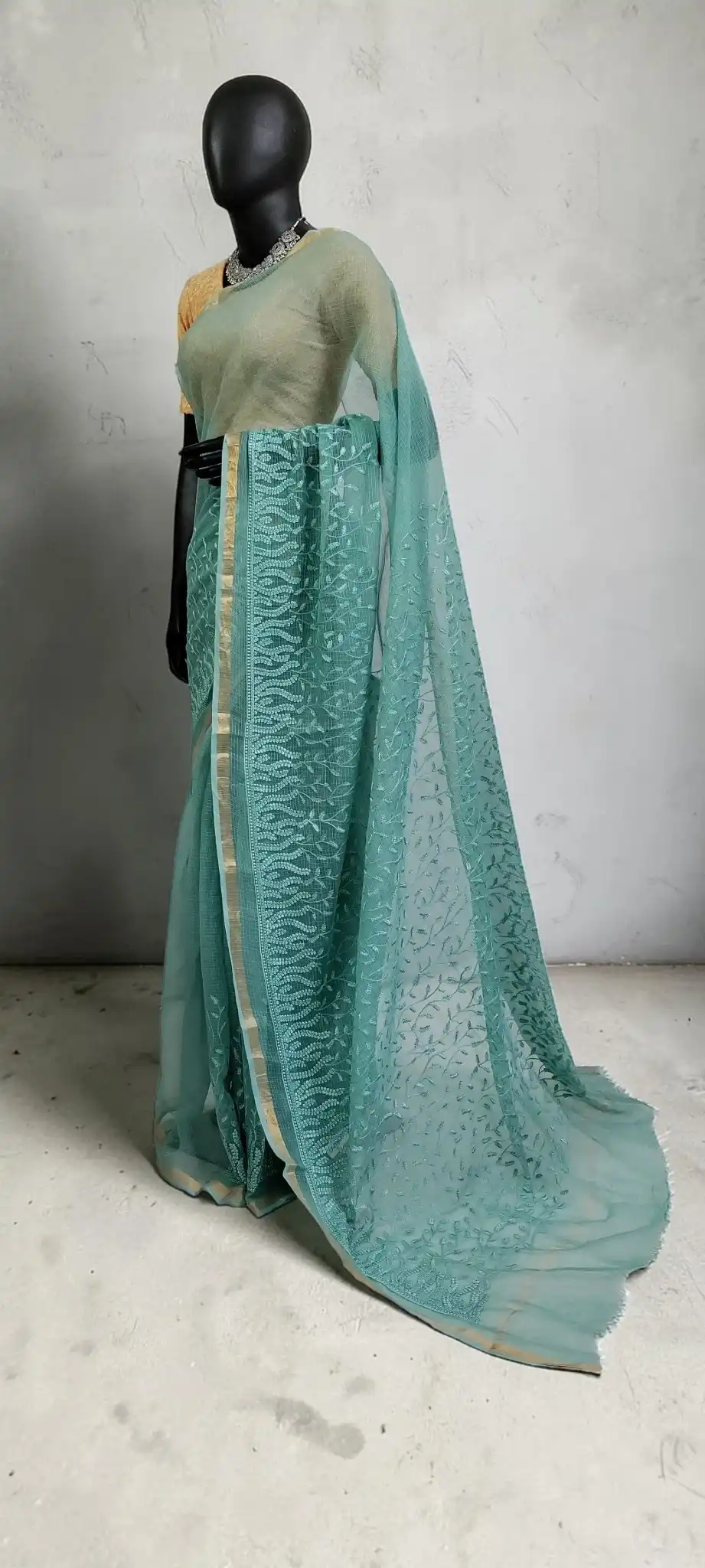 Sea Green Kota Doria Block Print Saree with Zari Border and Blouse view 2
