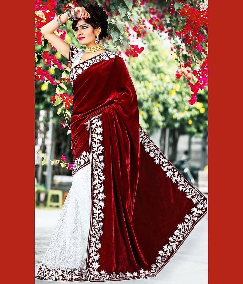 WXW Fashion Velvet Embroidered Regular Saree With Unstitched Blouse Piece ( Maroon )