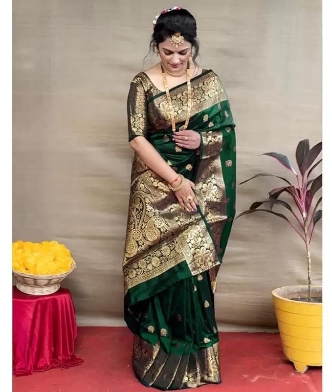 Green Banarasi Silk Saree With Golden Zari Work And Pallu