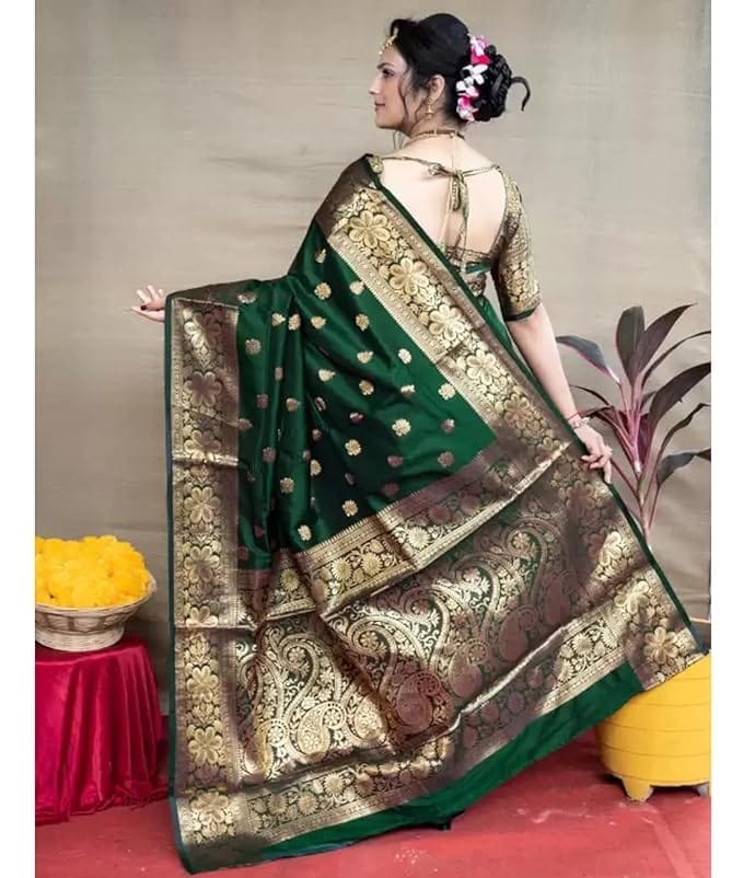 Green Banarasi Silk Saree With Golden Zari Work And Pallu view 2