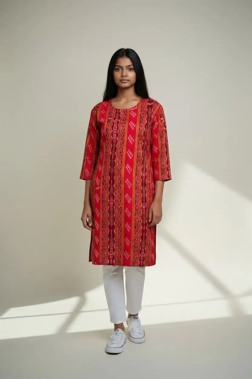 Crimson Sambalpuri Ikat Cotton Kurti with Bandhakala Weave