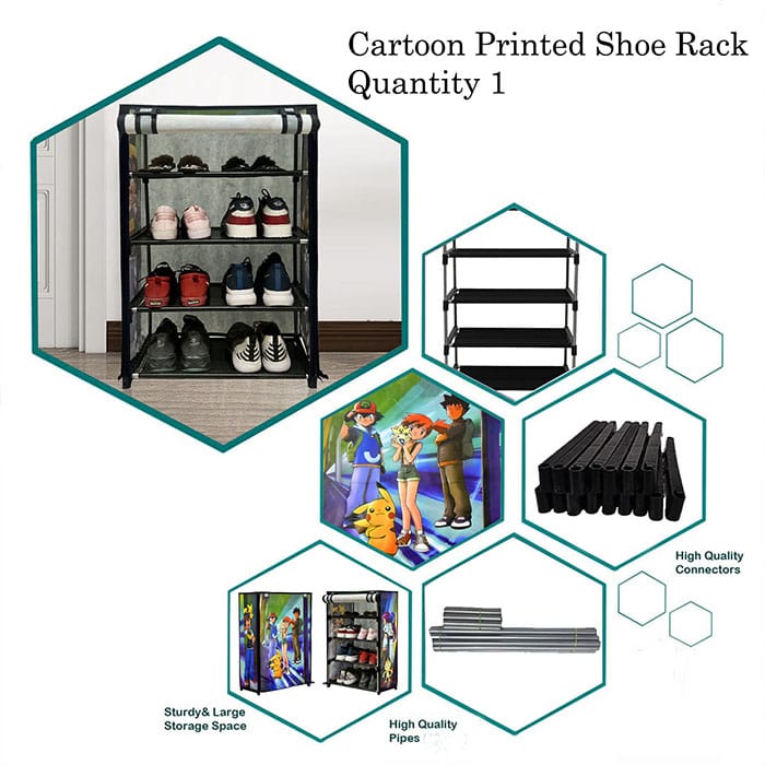 Philoshop 4 Layer Metal Shoe Rack with Grey Pokémon Cover – Space-Saving, Dustproof & Durable Organizer for Kids & Family view 2
