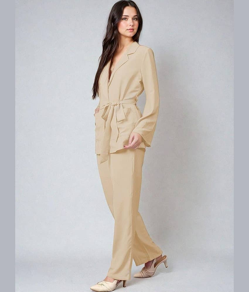 kotty Women Solid Top With Trousers Co-Ord Set ( Beige ) view 2