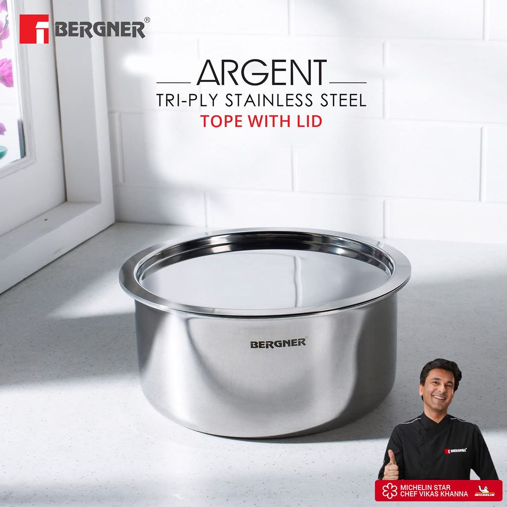 Bergner Argent Triply Stainless Steel 16cm (1.9 L) Tope with Stainless Steel Lid, Small Topia/Patila with Lid, Healthy Cooking, Non-Toxic, Food Safe, Durable - Induction and Gas Stove Ready view 2