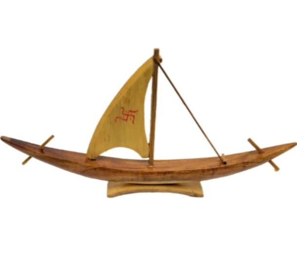 Handcrafted Wooden Decorative Sailboat Showpiece with Swastika Sail view 2