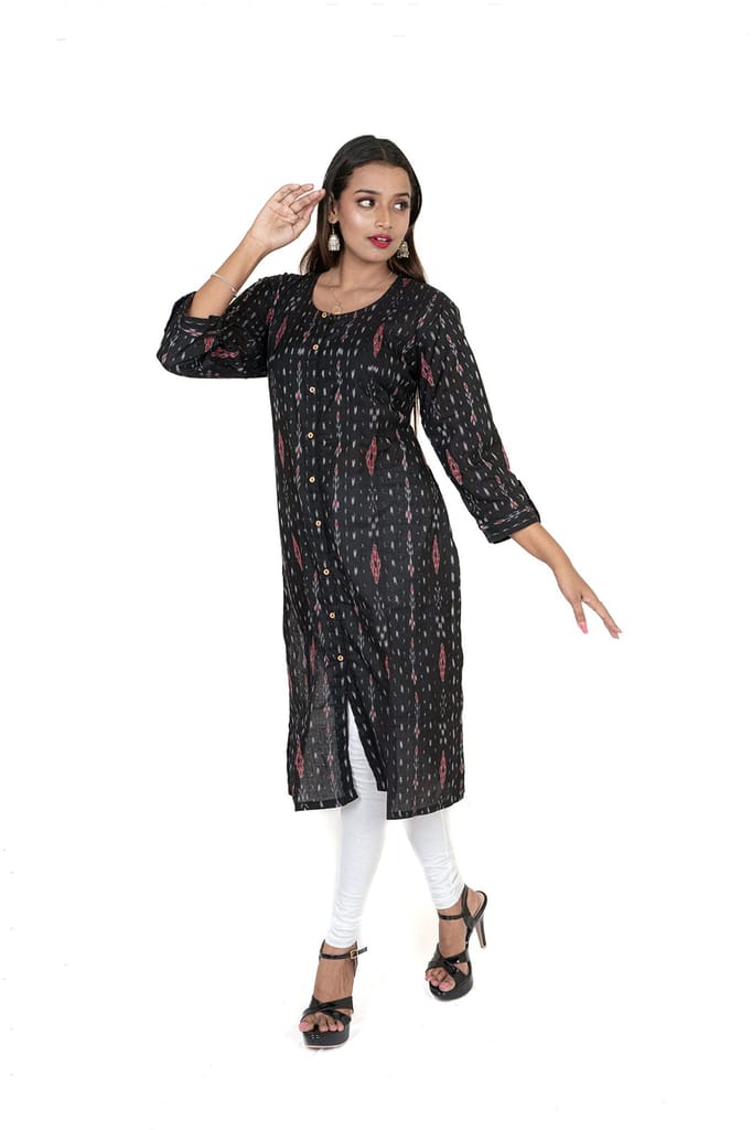 GHL GUENDICHA HAAT Sambalpuri Certified Handloom Women's Pure Cotton Round Neck Front Slit Kurta view 2