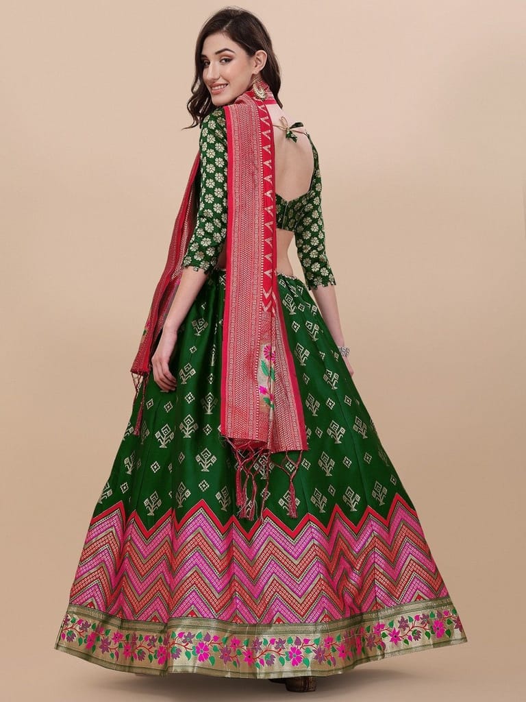 Green Brocade Fabric Lehenga & Unstitched Blouse With Dupatta view 2