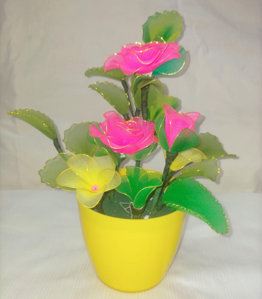 Handmade Pink Rose Artificial Stocking Flowers with Pot view 2