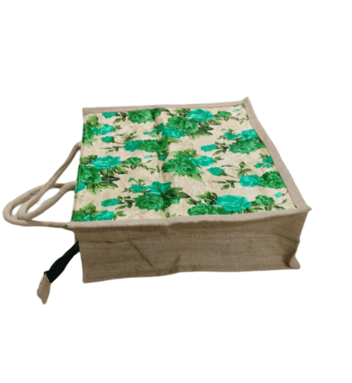 Floral Print Jute Tote Bag with Zipper Closure view 2