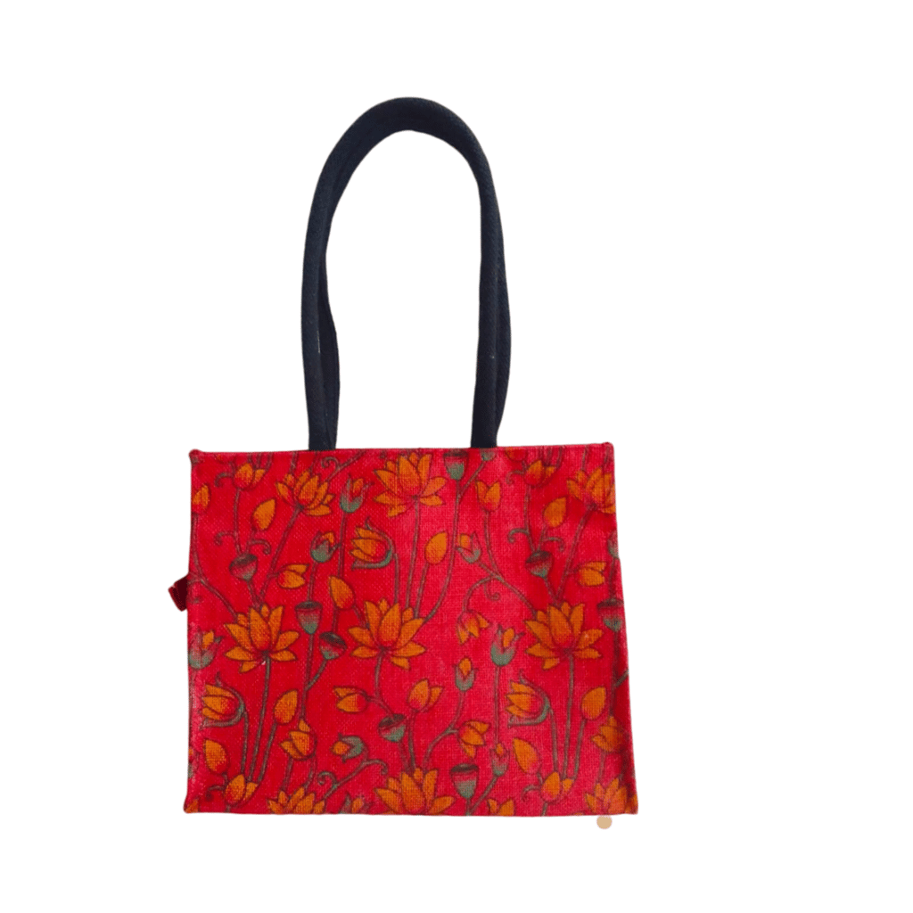 Red and Orange Floral Jute Tote Bag with Black Handles