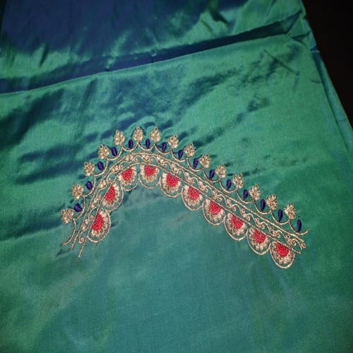 Teal Silk Fabric with Gold Embroidery - Perfect for Ethnic Wear view 2