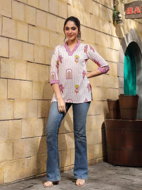 Minimee Cotton Girls Pink Short Kurti Comfortable Daily Wear