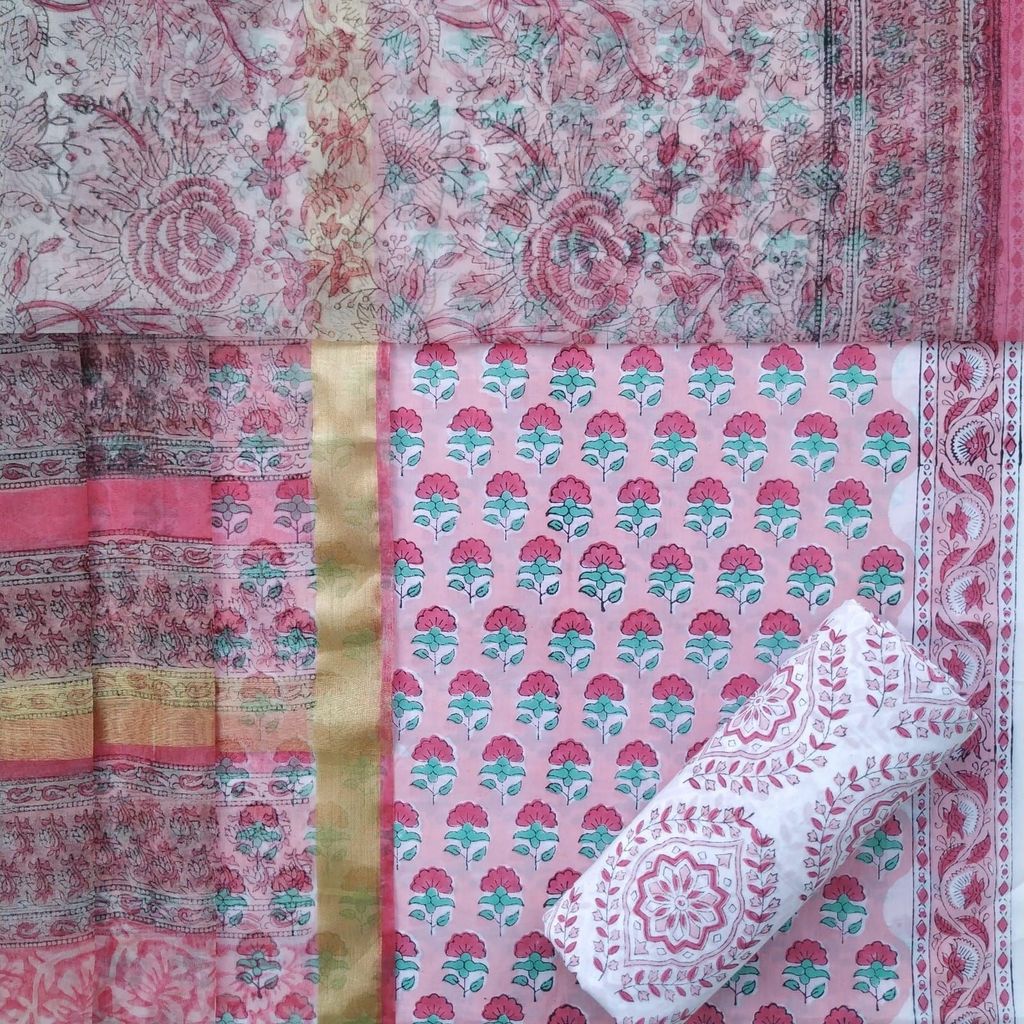 Floral Buti Print Cotton Suit Set with Organza Dupatta (ORG259) view 2