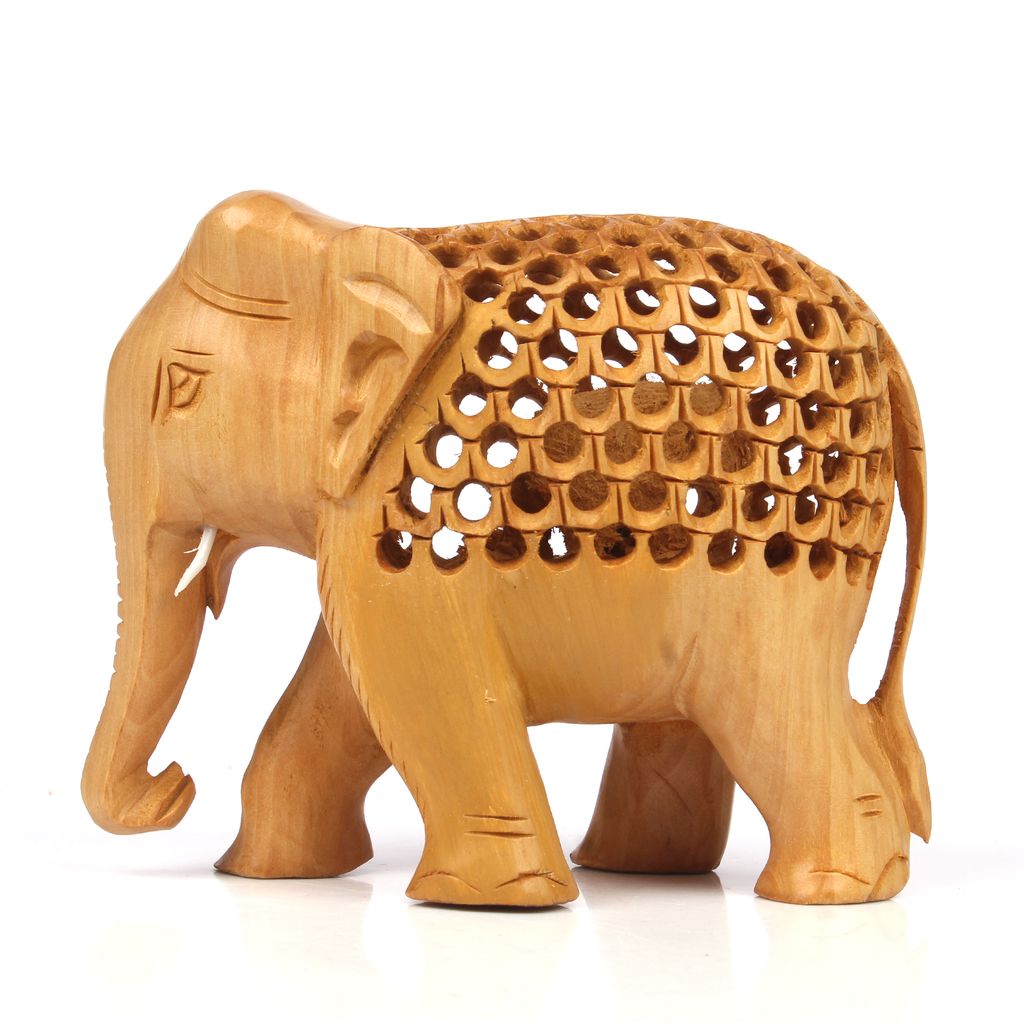 Tribes India Handcarved Jali Wooden Elephant With Baby in Womb view 2