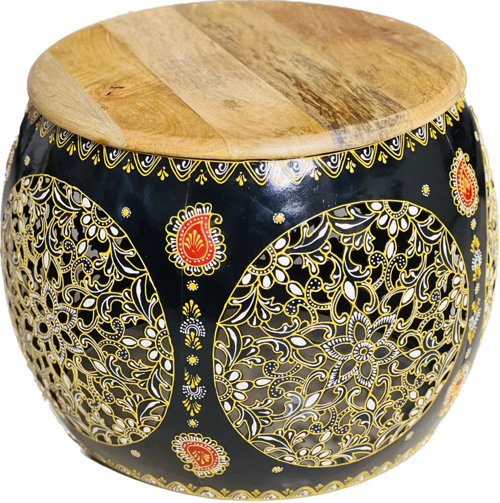 SHAMBHU HANDICRAFTS; IRON ROUND BLACK HAND PAINTED WOODEN TOP COFFEE TABLE/ HOME DECOR view 2