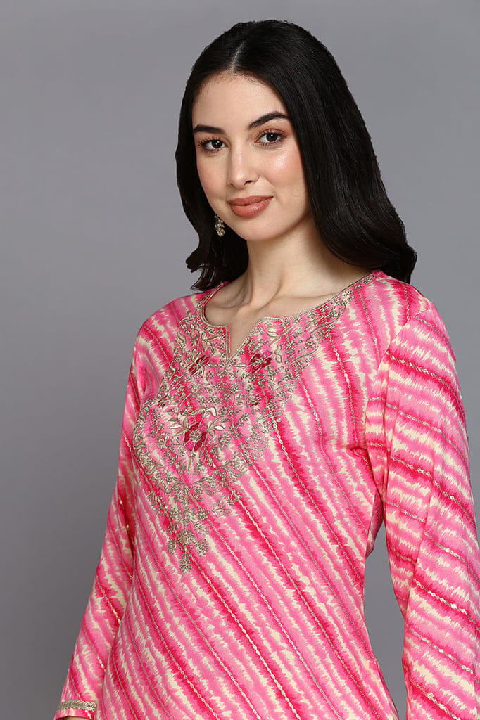 Pink Viscose Rayon Leheriya A-Line Kurta VCK9376 view 2