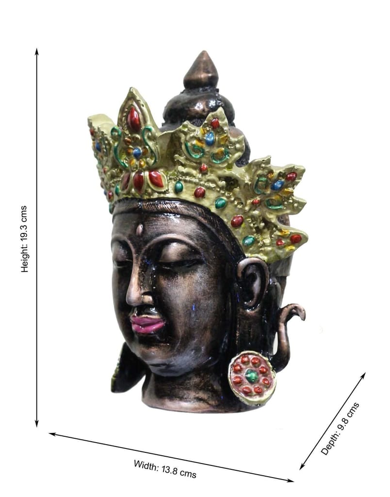 COPPERHOARD Brown Multicoloured Resin Tara Devi Goddess Tara Meditating Buddha Head Statue with Beautiful Smile and Crown for Home Decor and Gifting. view 2
