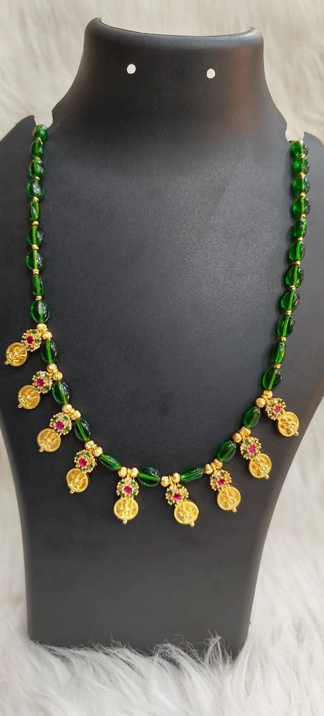 Gold Plated Traditional Indian Necklace Set with Green Beads and Lakshmi Coins view 2