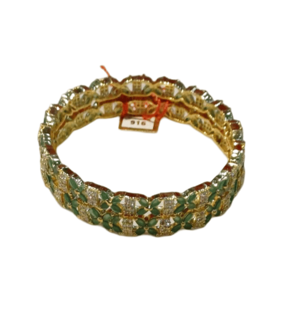 Gold Plated Green Bangle Set with Cubic Zirconia Stones view 2