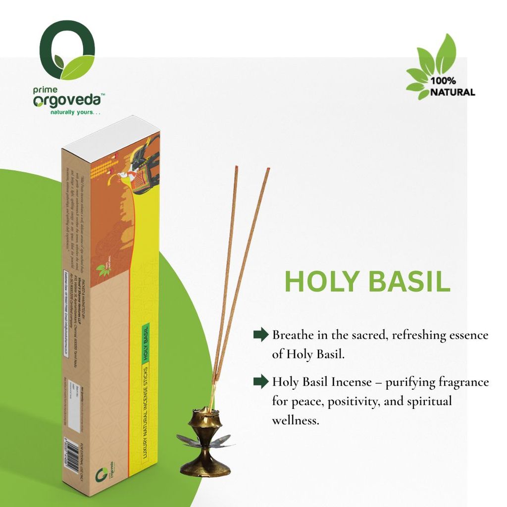 Prime Orgoveda Holy Basil Incense Sticks | 100% Natural Charcoal-Free Agarbatti | Long-Lasting Tulasi Aroma for Prayer, Pooja & Meditation (Pack of 50 Sticks) view 2