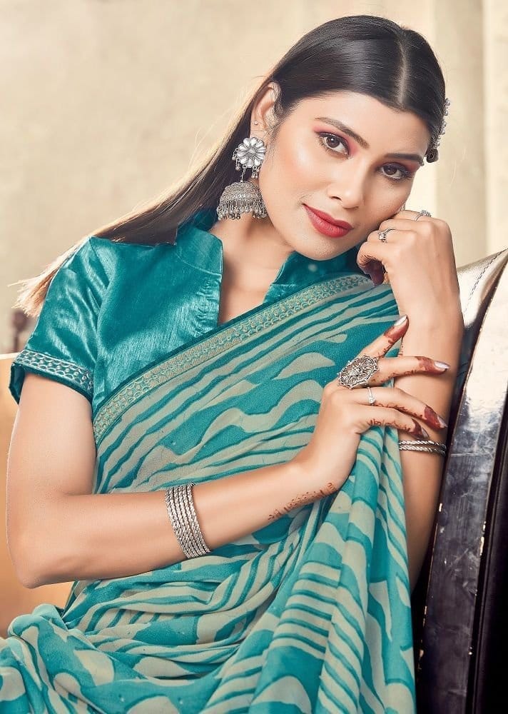 Digital Printed Georgette Saree in Teal Blue view 2