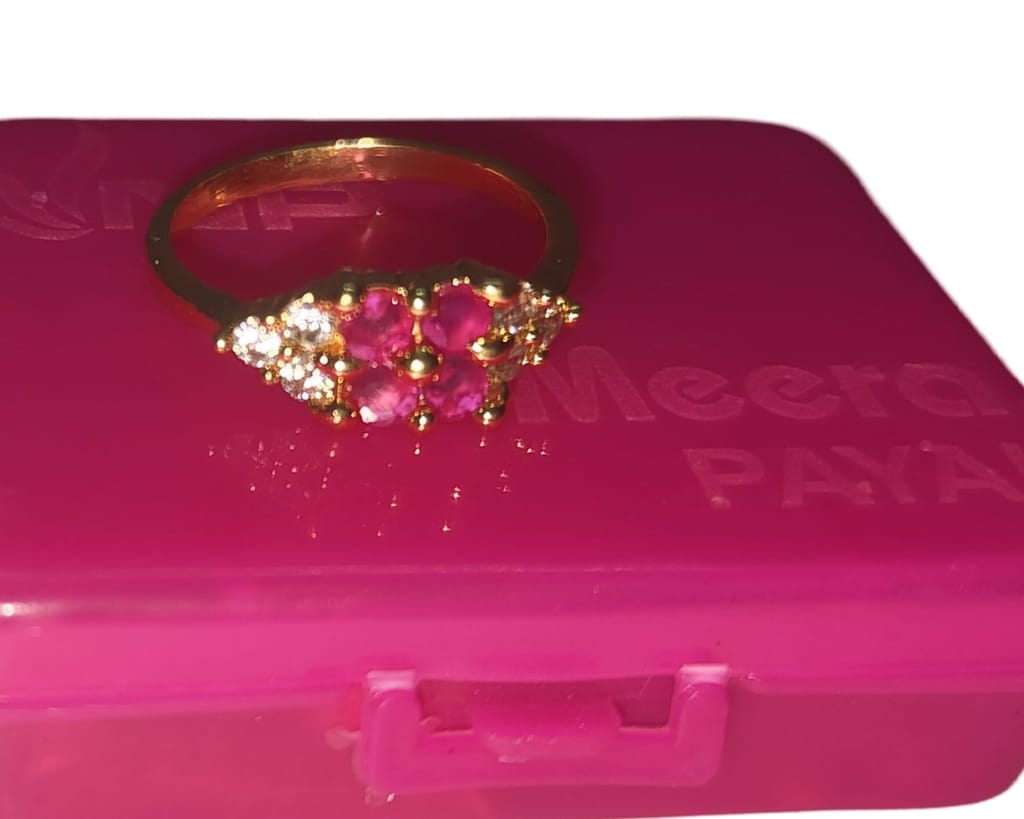 "Exquisite Gold plated Ring with Round Pink Gemstones" view 2