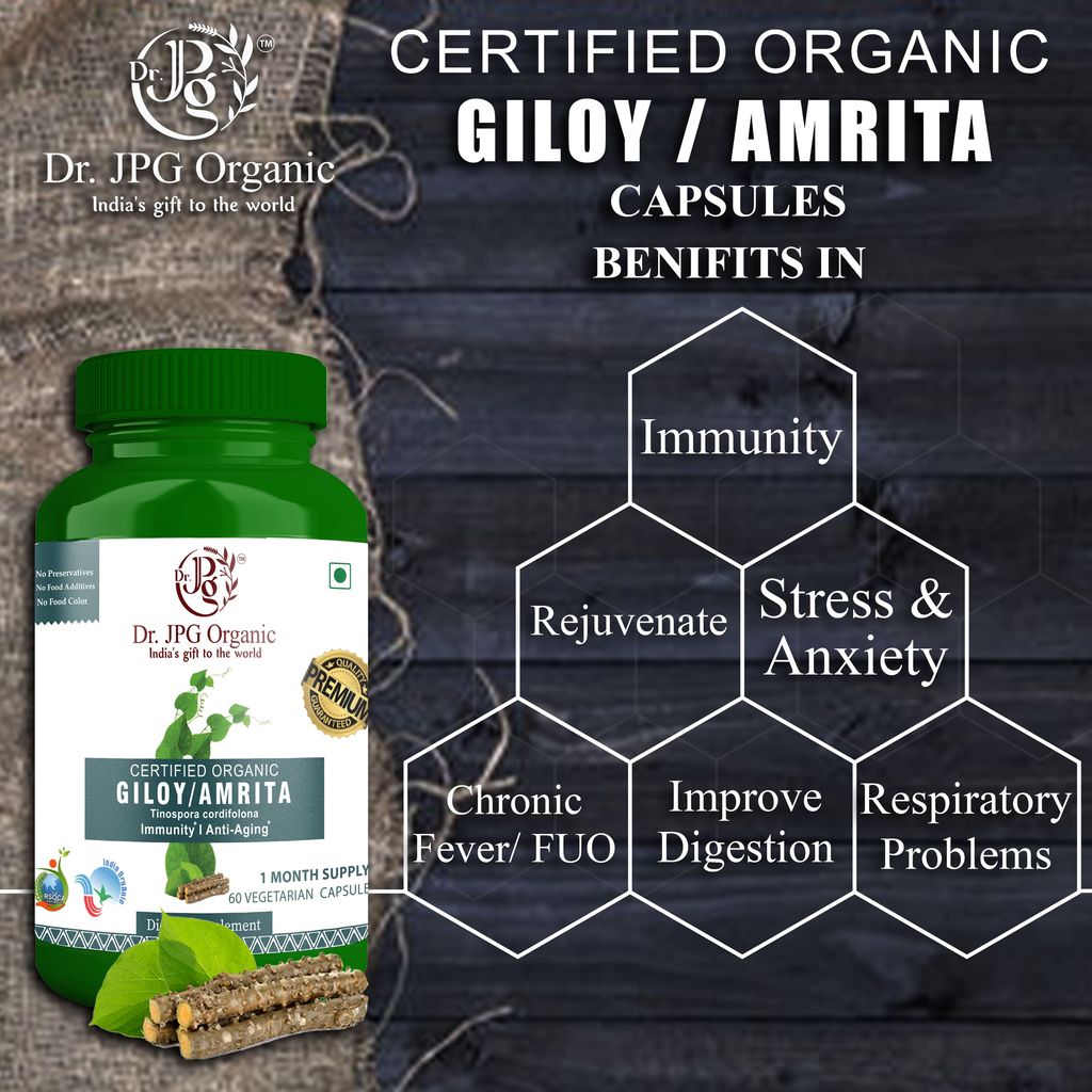 Dr JPG Organic Herbals Giloy Capsules-For Immunity 500mg, 60 Veg. Capsules-INDIAORGANIC Certified view 2