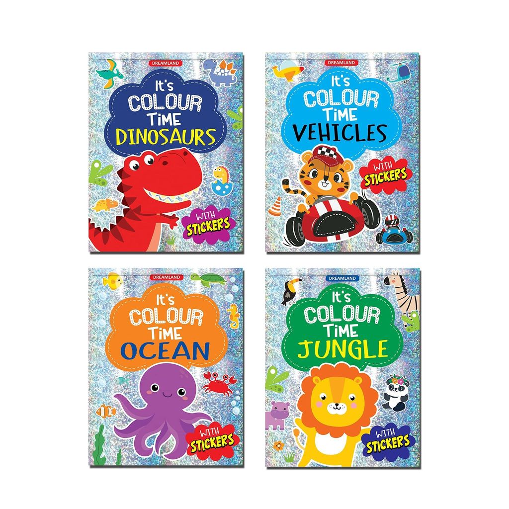 It's Colour Time Books Pack- A Set of 4 Books for Children Age 3- 7 Years| Stickers Books with Theme Dinosaurs, Vehicles, Ocean, Jungle [Paperback] Dreamland Publications view 2
