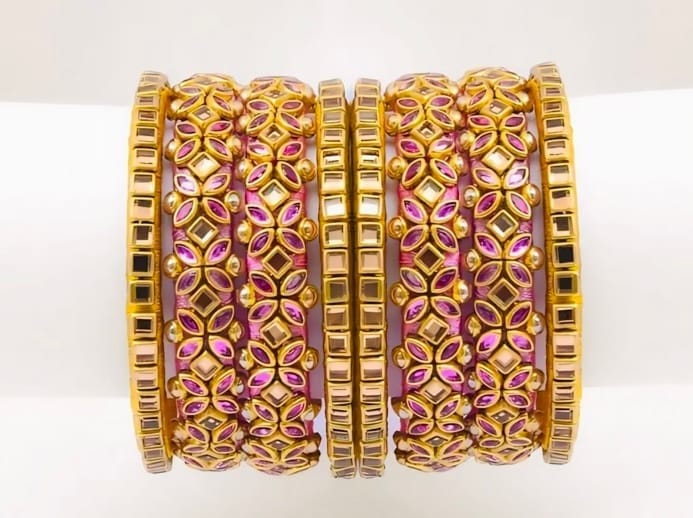 Handmade Exquisite Pink and Gold Bangle Set view 2