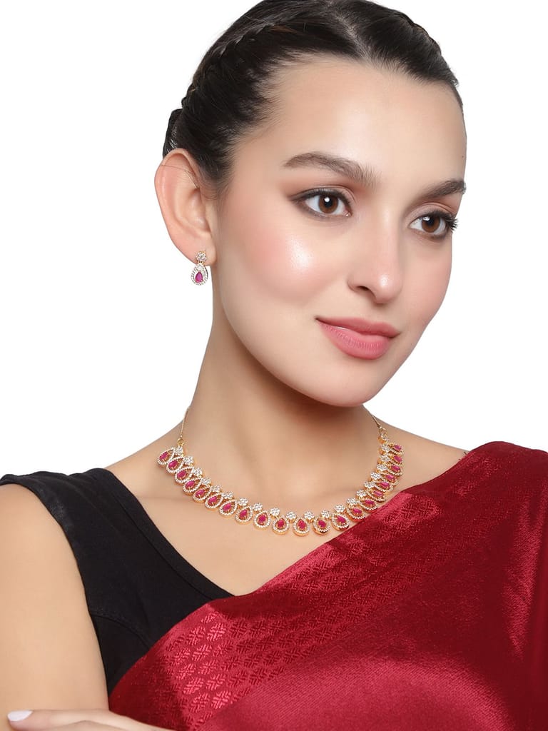 Cardinal Gold Plated American Diamond Ruby Color Stone Choker Necklace Set view 2