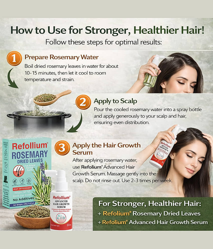 Refollium Hair Serum 30ml with Rosemary Leaves 100g Combo | Hair Growth & Hair Fall Control | For Scalp Care & Hair Nourishment view 2