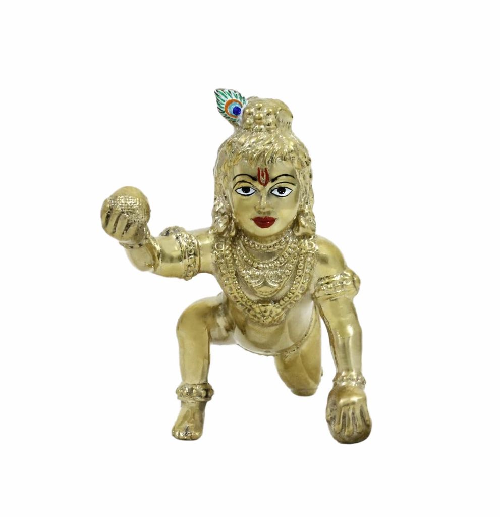 COPPERHOARD Brass Laddu Gopal Kanha Bal Krishna Lord Krishna Statue Idol for Home Temple Pooja Mandir