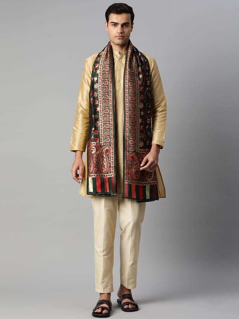 Men Dark Green and Gold Toned Pure Cotton Dupatta With Embrodried Woven Design view 2