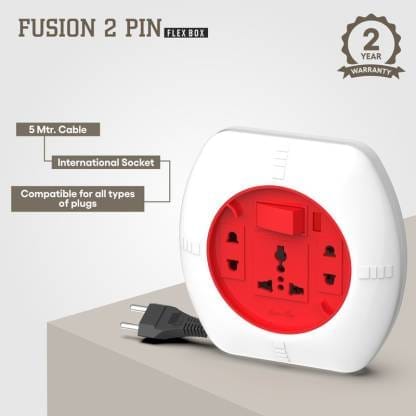 Fybros Fusion 2 Pin Extension Flex Box 5 Meter Power Cable with Indicator 3 Socket Extension Boards (White, Red, 5 m) view 2